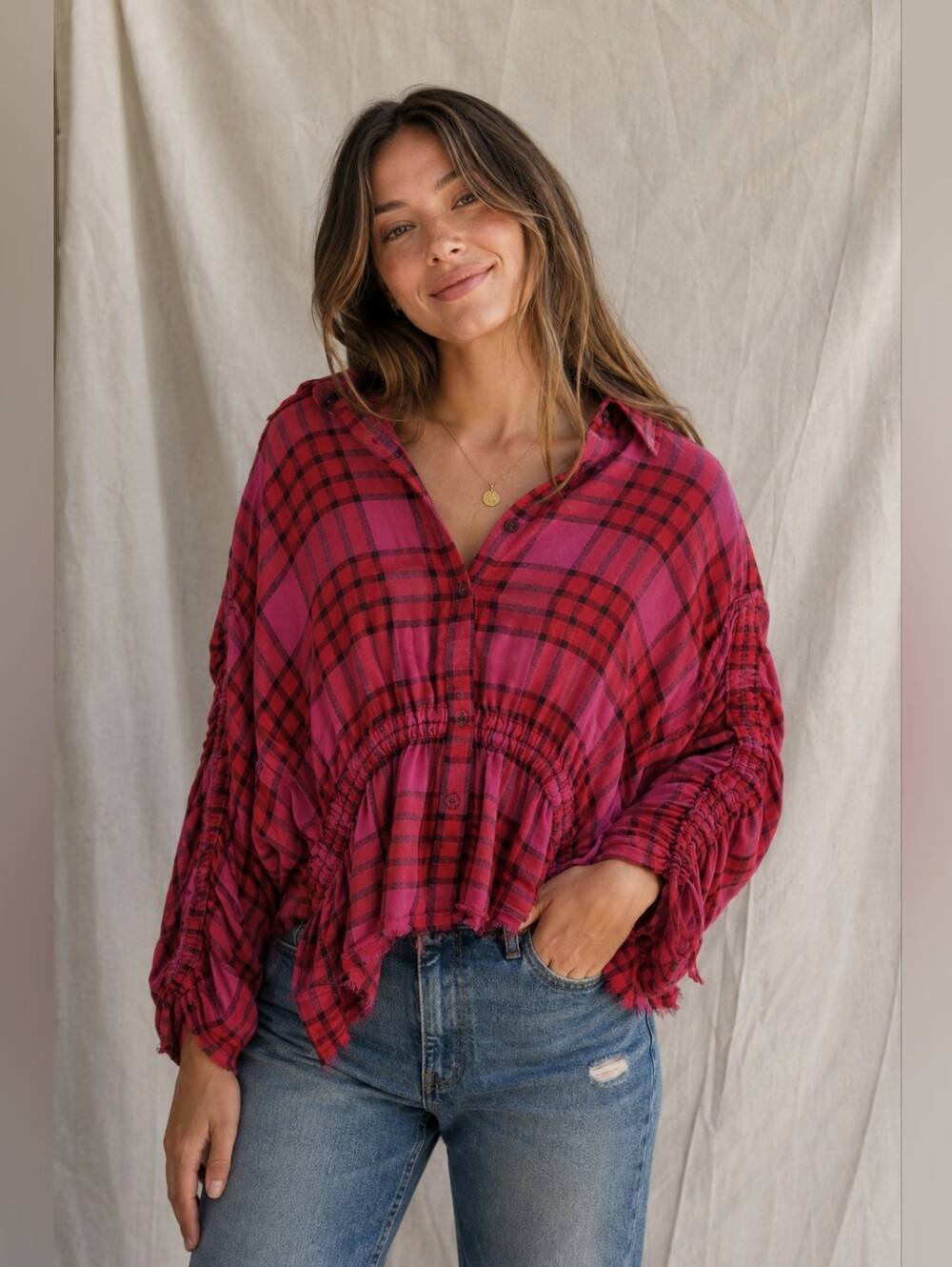 Free People Pacific Dawn Plaid Shirt Women’s M NWT Red Pink Ruched Wool Blend